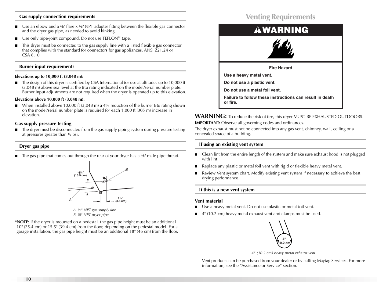 Venting requirements, Warning | Maytag Epic z W10112943A User Manual | Page 10 / 84