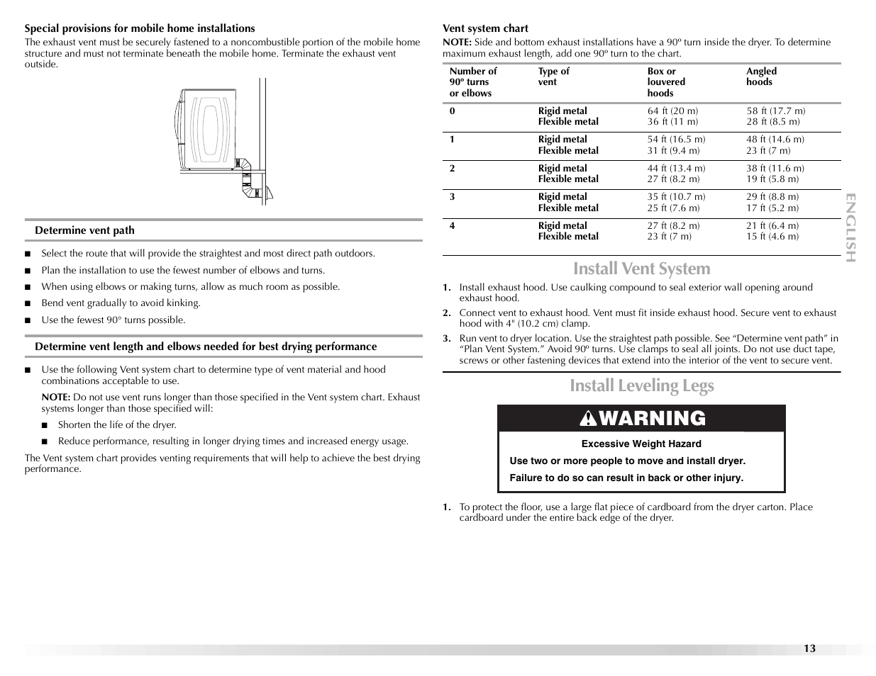 Warning, Install vent system, Install leveling legs | Maytag Epic z W10112943A User Manual | Page 13 / 84