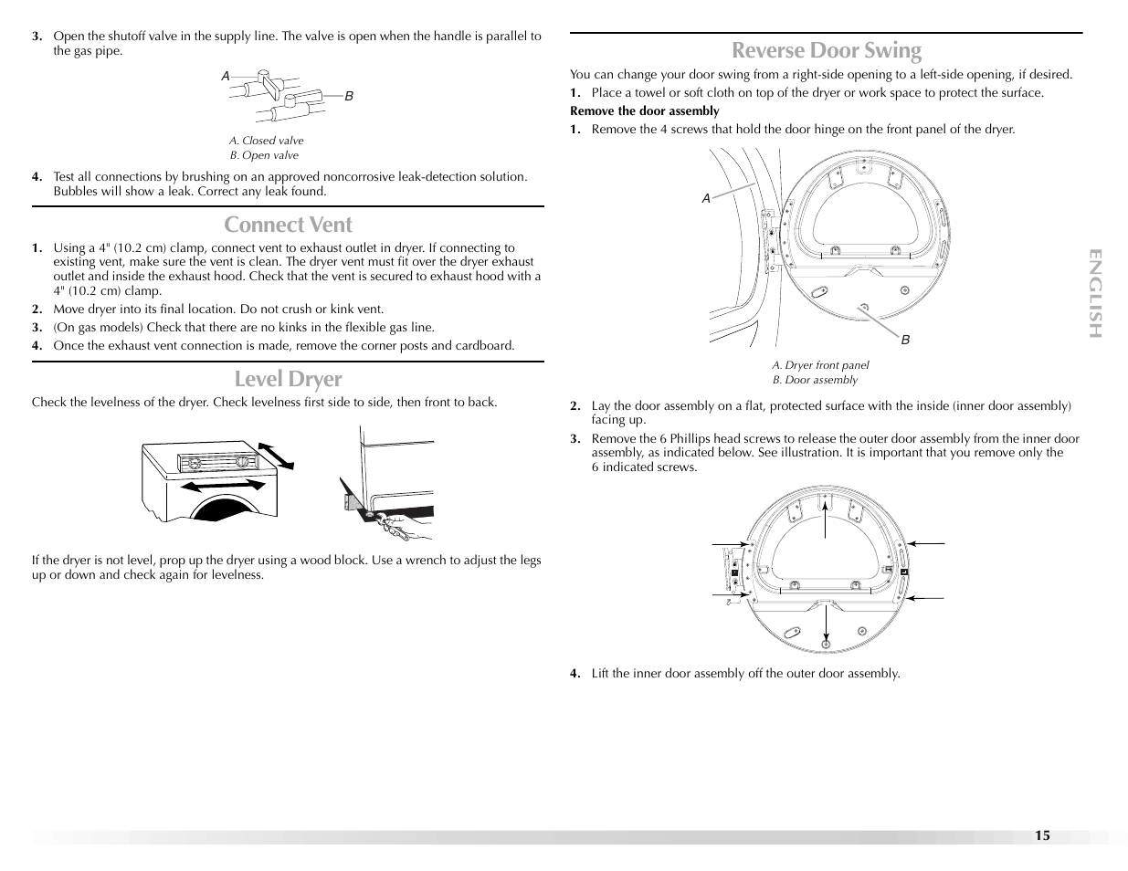 Connect vent, Level dryer, Reverse door swing | Maytag Epic z W10112943A User Manual | Page 15 / 84