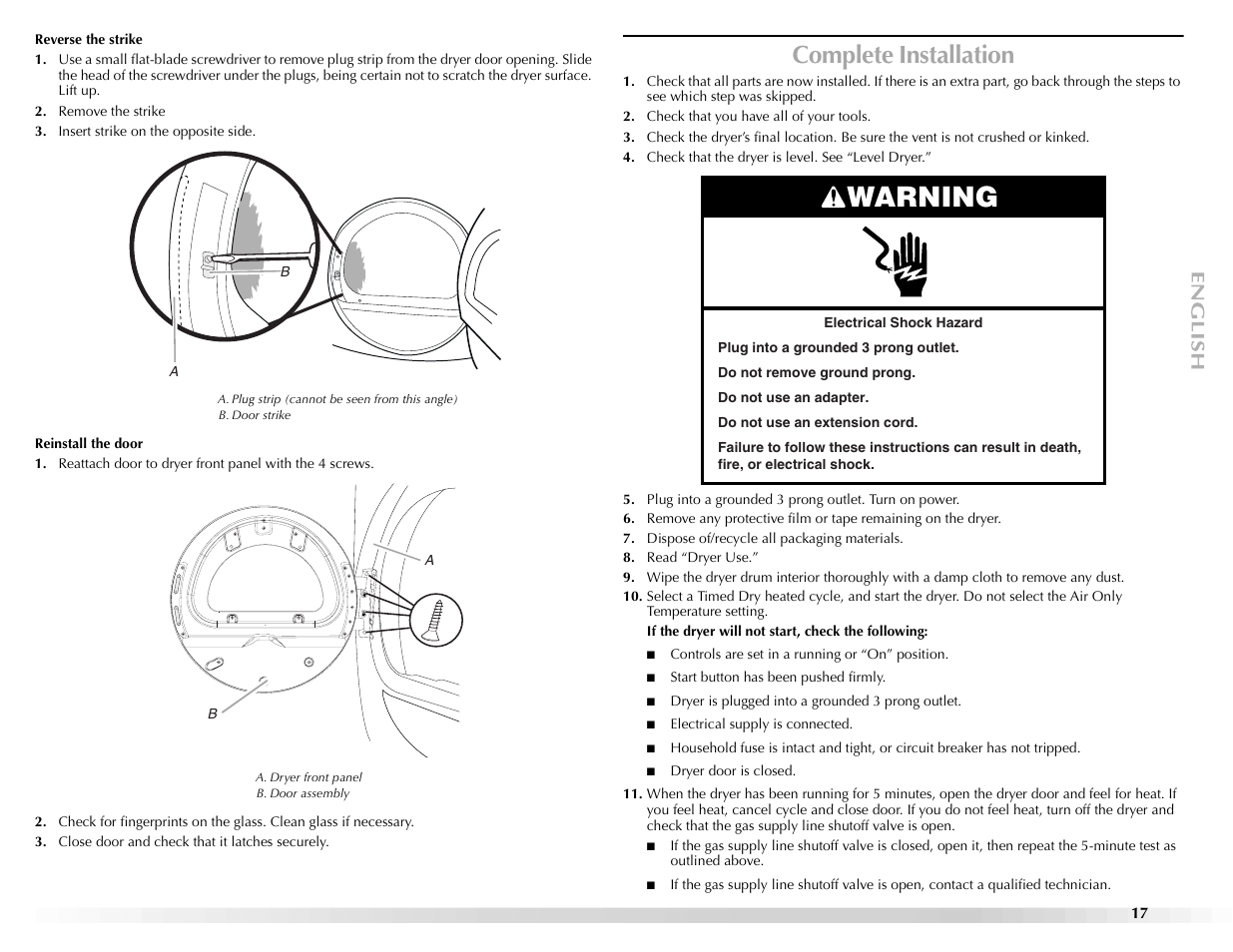 Warning, Complete installation | Maytag Epic z W10112943A User Manual | Page 17 / 84