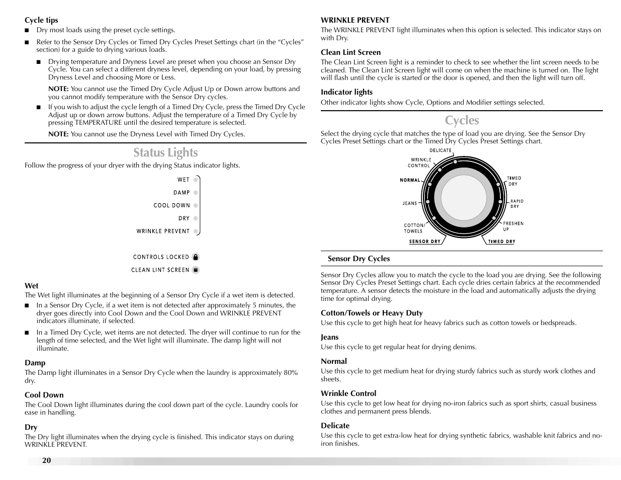 Status lights, Cycles | Maytag Epic z W10112943A User Manual | Page 20 / 84