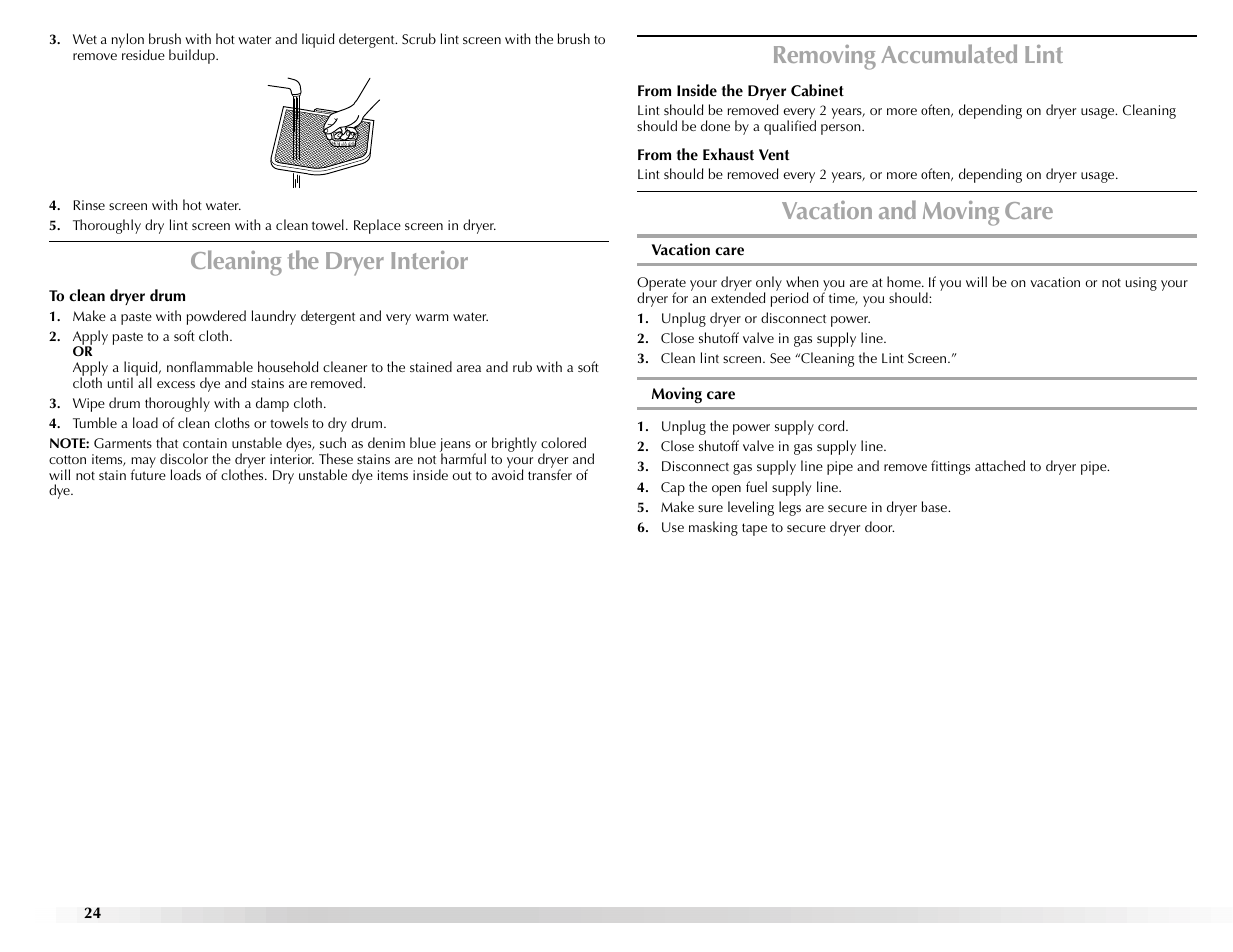 Cleaning the dryer interior, Removing accumulated lint, Vacation and moving care | Maytag Epic z W10112943A User Manual | Page 24 / 84