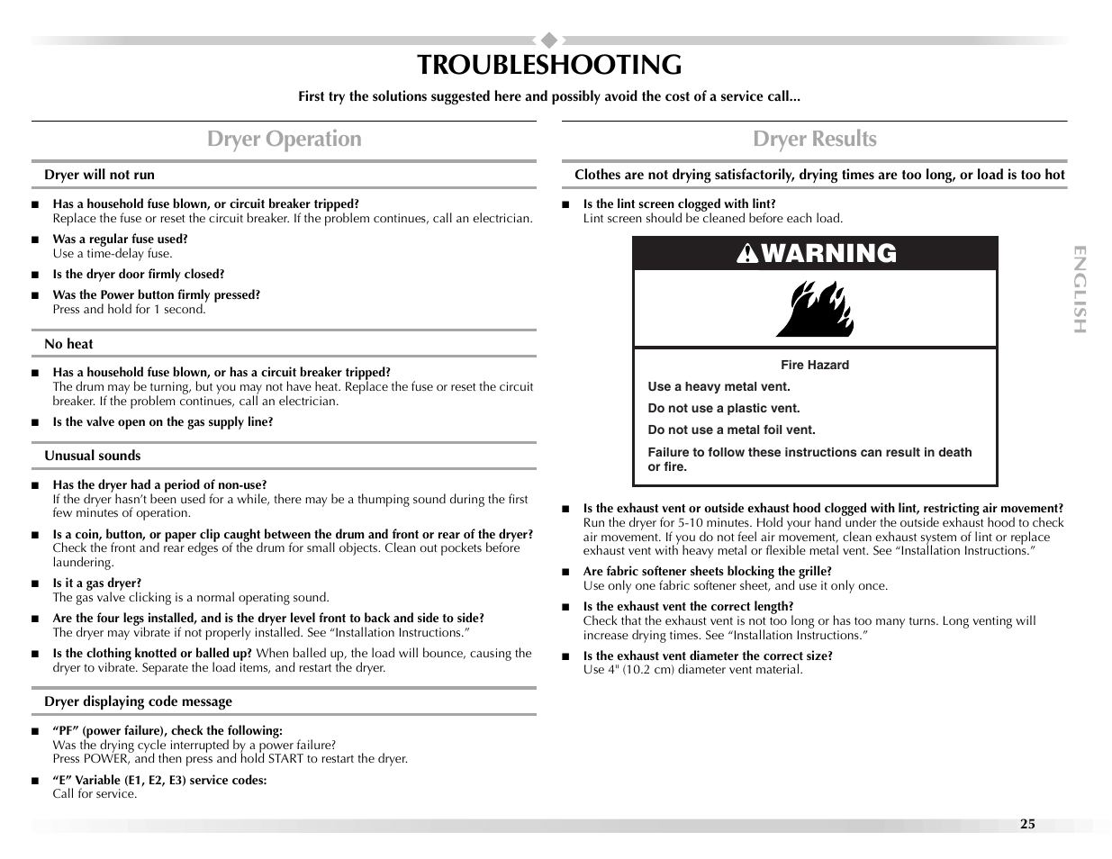 Troubleshooting, Warning, Dryer operation | Dryer results | Maytag Epic z W10112943A User Manual | Page 25 / 84