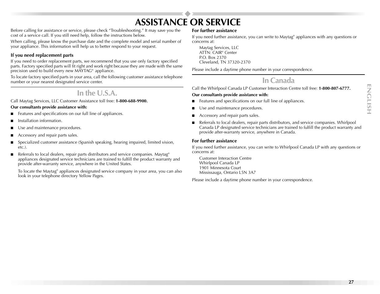 Assistance or service | Maytag Epic z W10112943A User Manual | Page 27 / 84