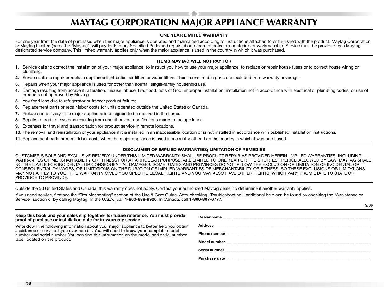 Maytag corporation major appliance warranty | Maytag Epic z W10112943A User Manual | Page 28 / 84