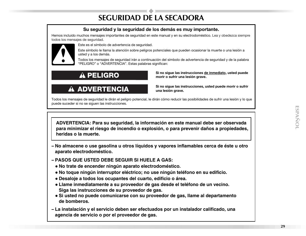 Seguridad de la secadora, Advertencia peligro | Maytag Epic z W10112943A User Manual | Page 29 / 84