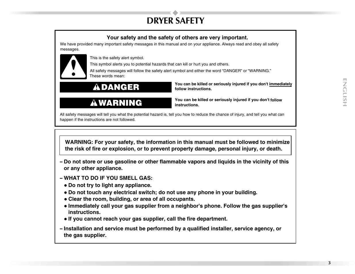 Dryer safety, Danger warning | Maytag Epic z W10112943A User Manual | Page 3 / 84