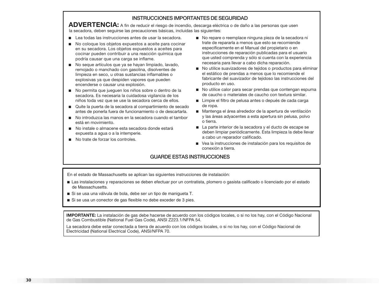 Advertencia, Instrucciones importantes de seguridad, Guarde estas instrucciones | Maytag Epic z W10112943A User Manual | Page 30 / 84