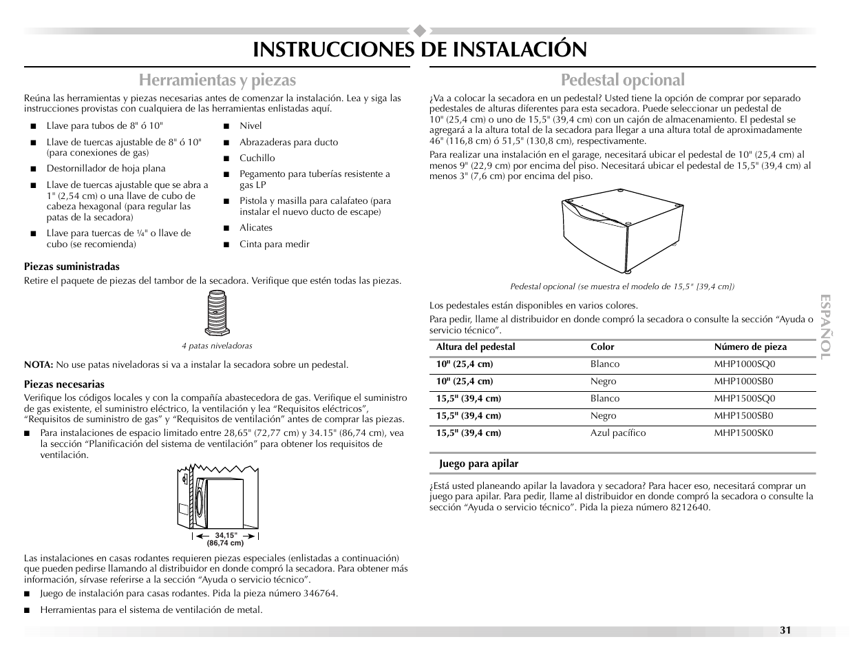 Instrucciones de instalación, Herramientas y piezas, Pedestal opcional | Maytag Epic z W10112943A User Manual | Page 31 / 84