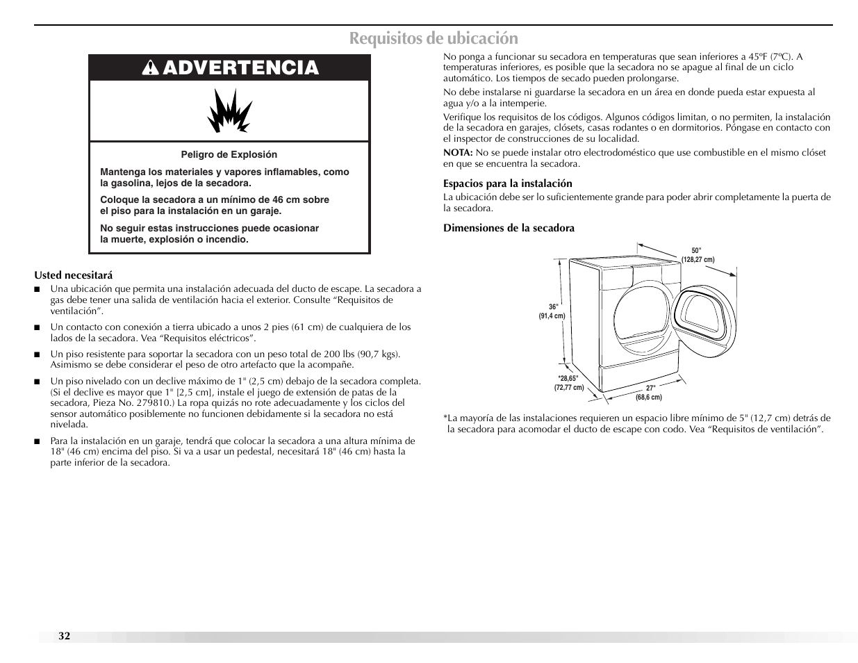 Advertencia, Requisitos de ubicación | Maytag Epic z W10112943A User Manual | Page 32 / 84