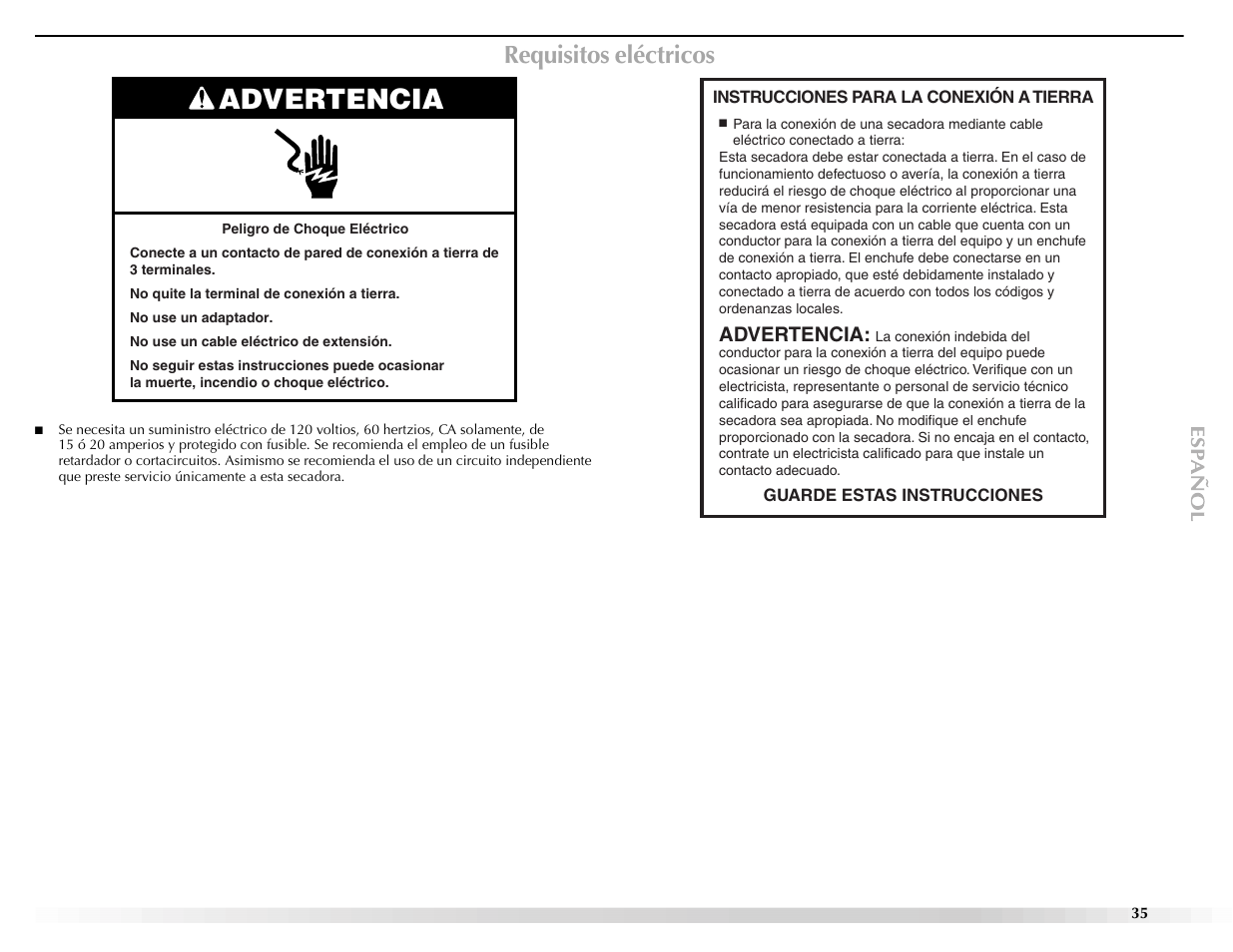 Advertencia, Requisitos eléctricos | Maytag Epic z W10112943A User Manual | Page 35 / 84