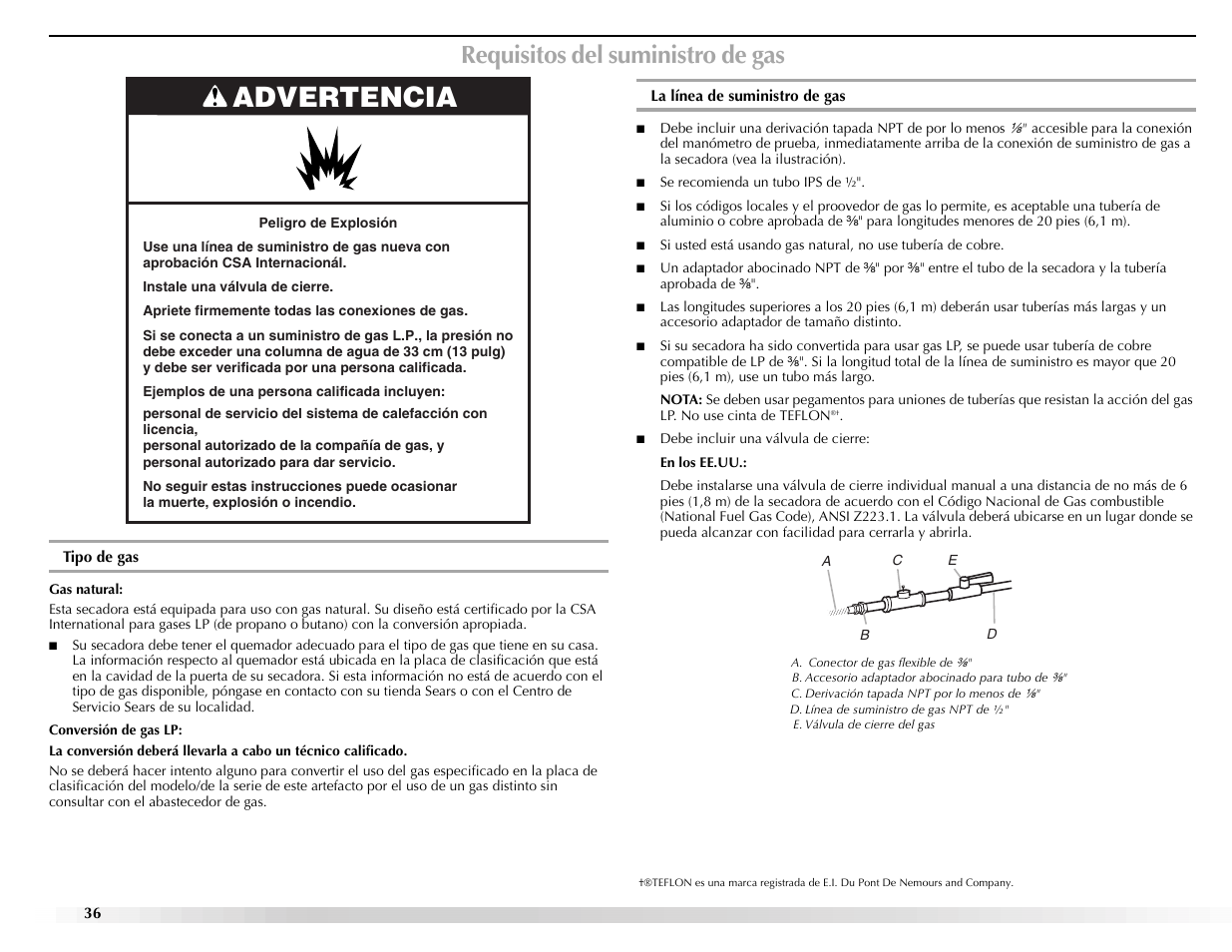 Advertencia, Requisitos del suministro de gas | Maytag Epic z W10112943A User Manual | Page 36 / 84