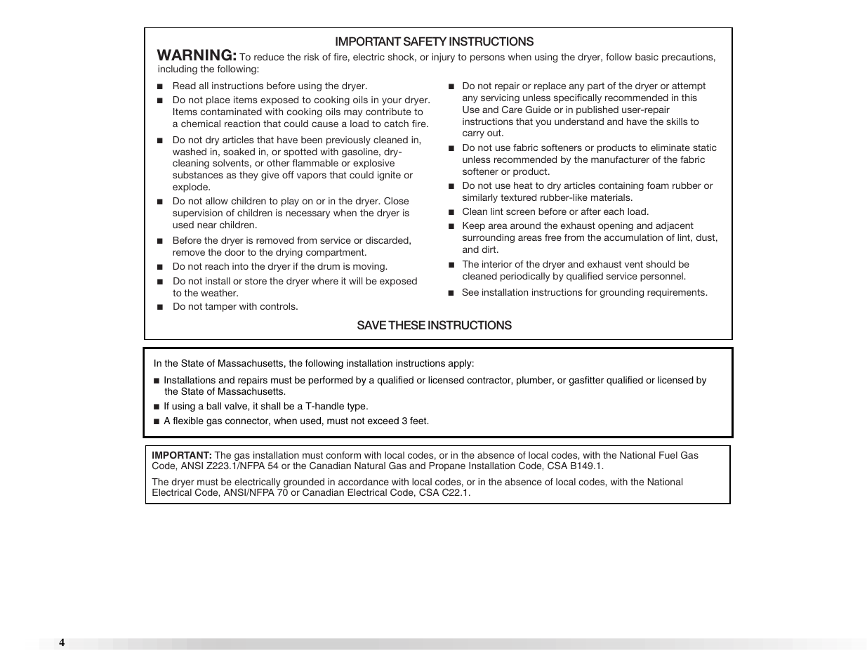 Warning, Important safety instructions, Save these instructions | Maytag Epic z W10112943A User Manual | Page 4 / 84