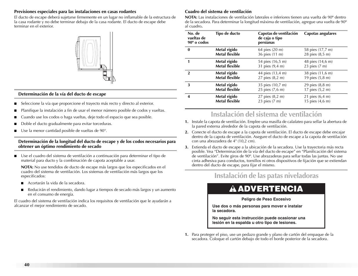 Advertencia, Instalación del sistema de ventilación, Instalación de las patas niveladoras | Maytag Epic z W10112943A User Manual | Page 40 / 84