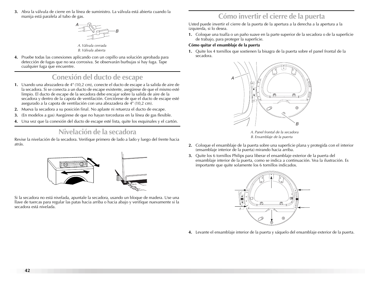 Conexión del ducto de escape, Nivelación de la secadora, Cómo invertir el cierre de la puerta | Maytag Epic z W10112943A User Manual | Page 42 / 84