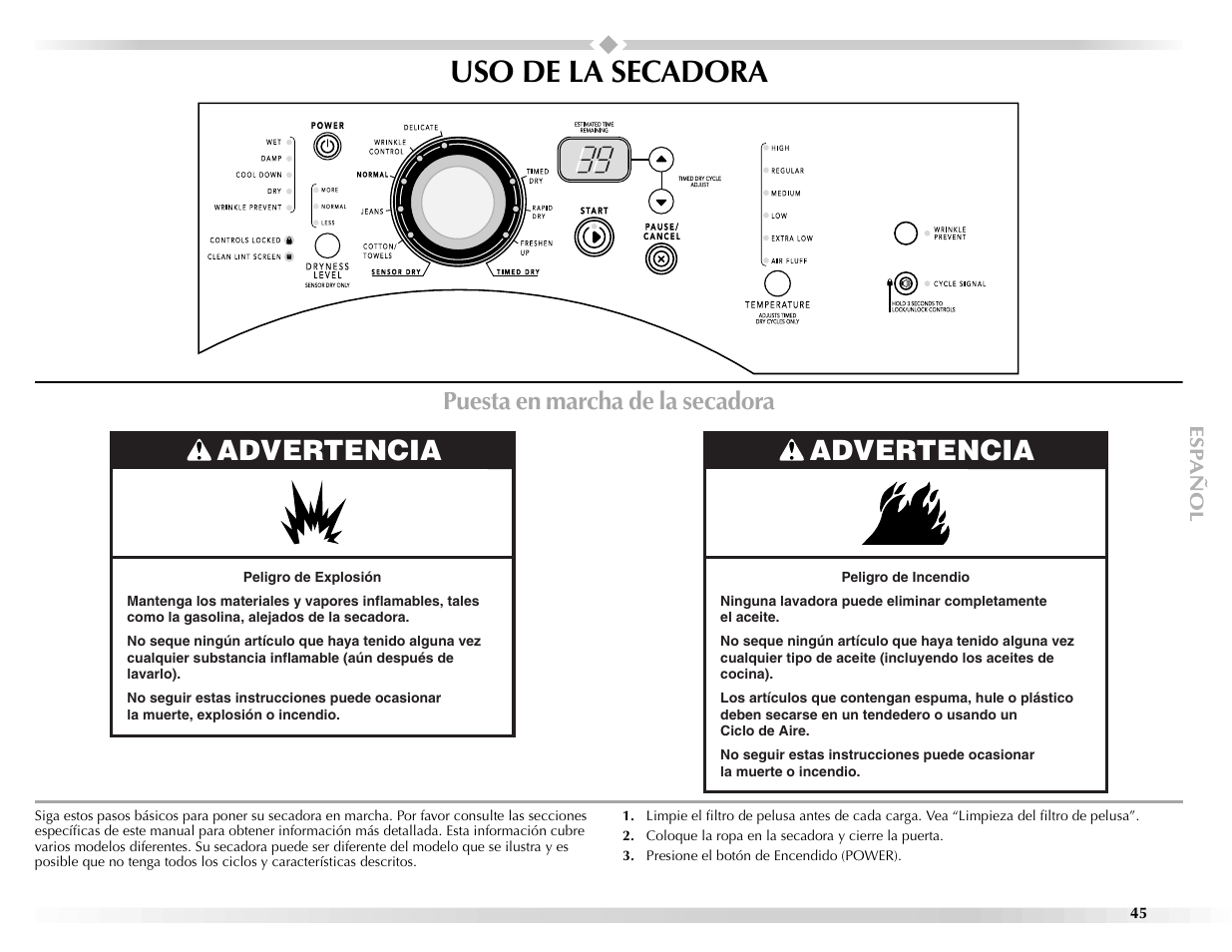 Uso de la secadora, Advertencia, Puesta en marcha de la secadora | Maytag Epic z W10112943A User Manual | Page 45 / 84