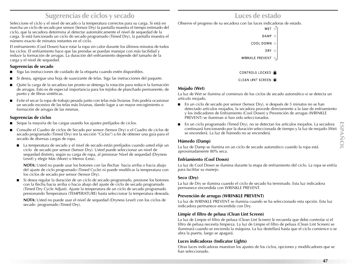 Sugerencias de ciclos y secado, Luces de estado | Maytag Epic z W10112943A User Manual | Page 47 / 84