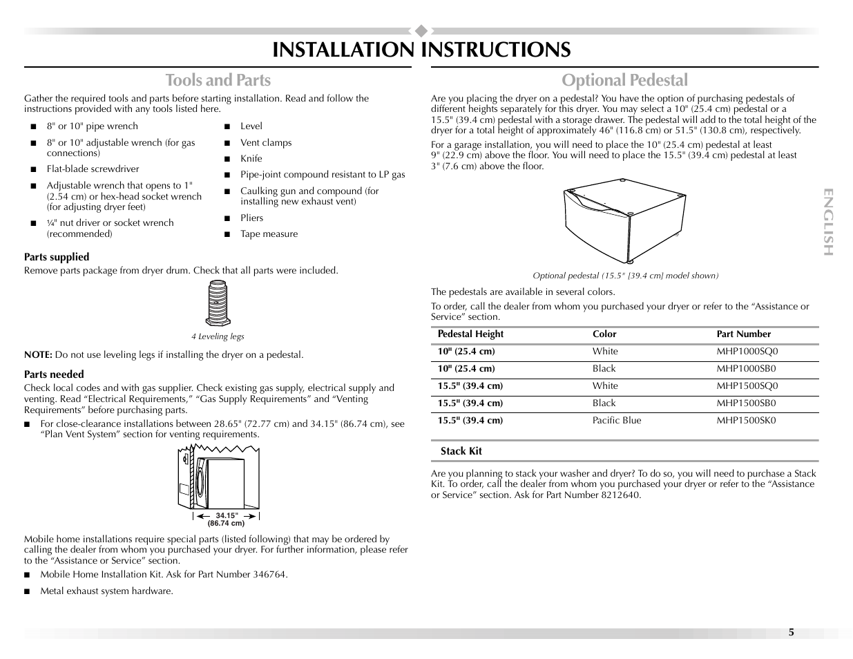 Installation instructions, Tools and parts, Optional pedestal | Maytag Epic z W10112943A User Manual | Page 5 / 84