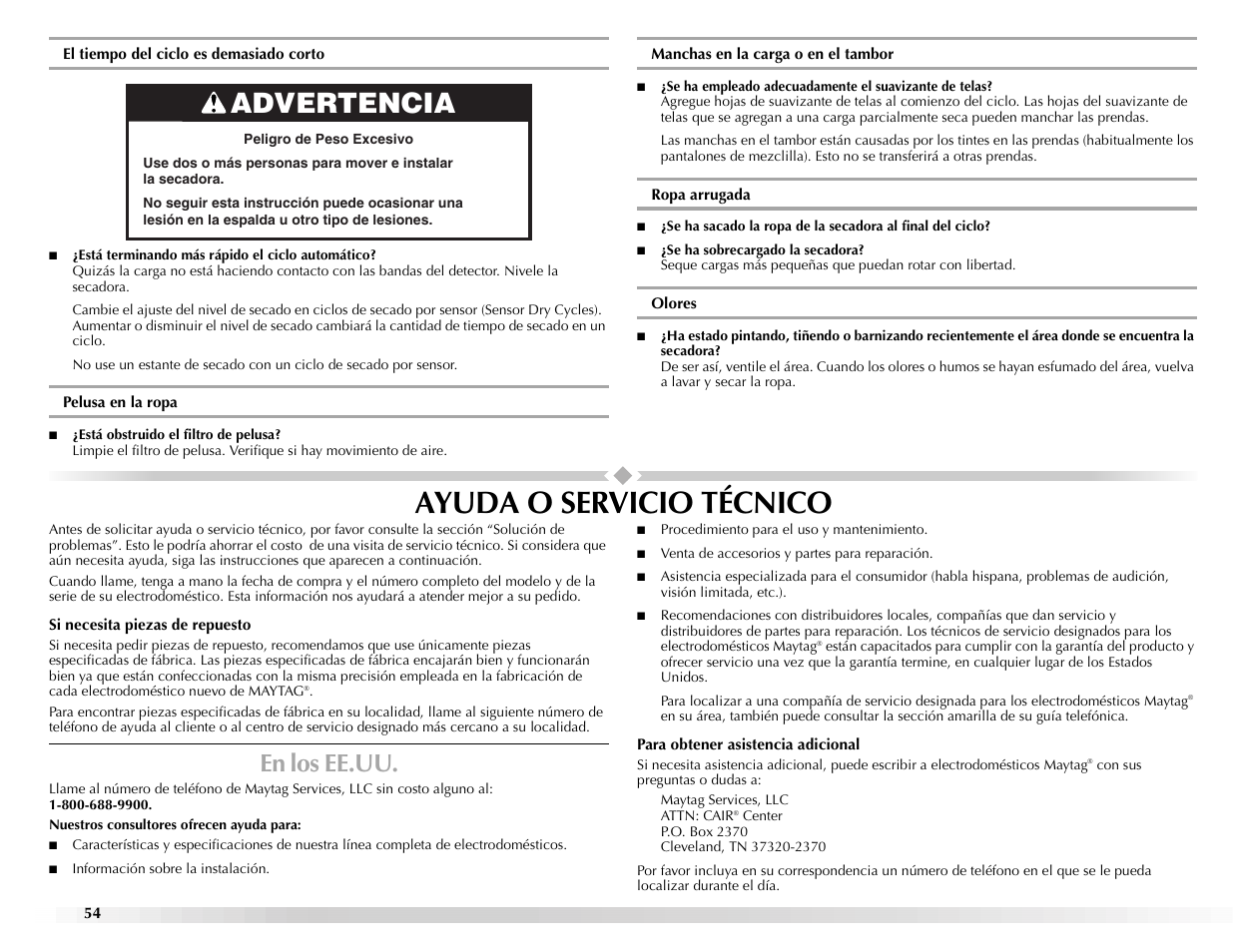 Ayuda o servicio técnico, Advertencia, En los ee.uu | Maytag Epic z W10112943A User Manual | Page 54 / 84