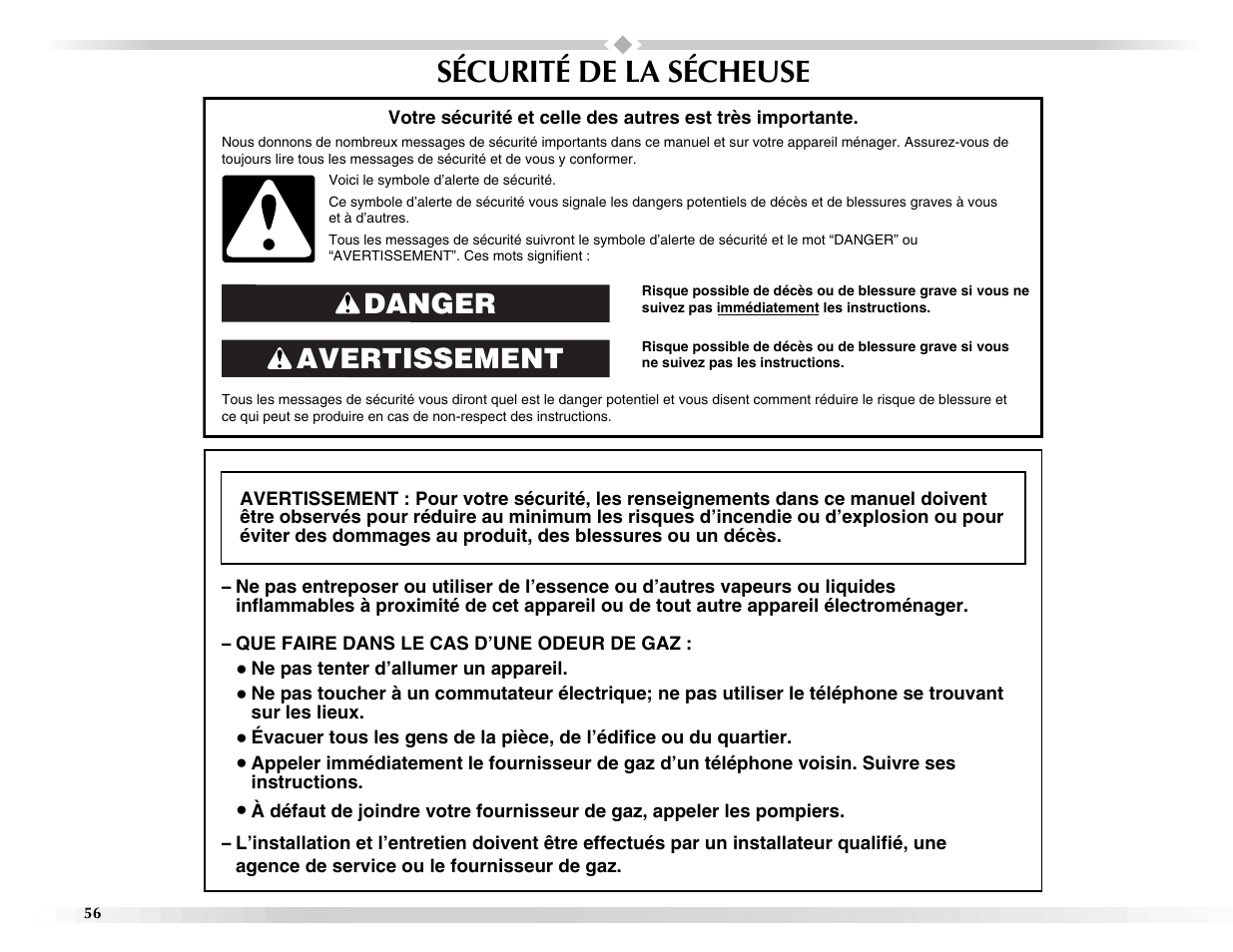 Sécurité de la sécheuse, Avertissement danger | Maytag Epic z W10112943A User Manual | Page 56 / 84