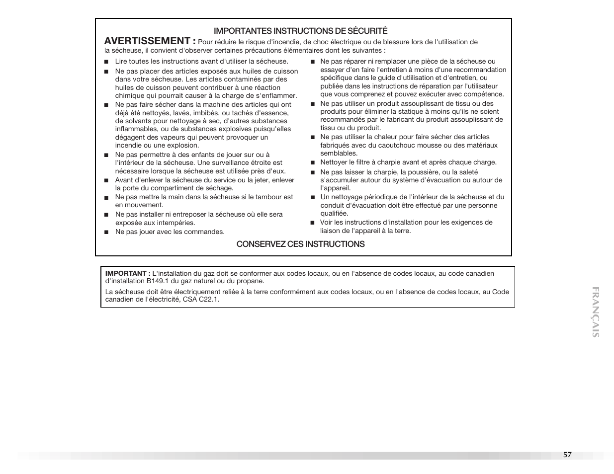 Avertissement, Importantes instructions de sécurité, Conservez ces instructions | Maytag Epic z W10112943A User Manual | Page 57 / 84