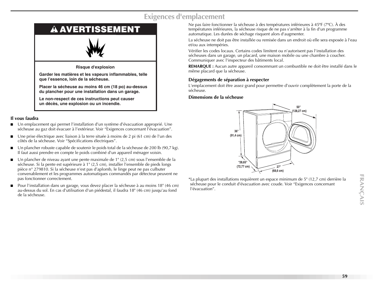 Avertissement, Exigences d'emplacement | Maytag Epic z W10112943A User Manual | Page 59 / 84