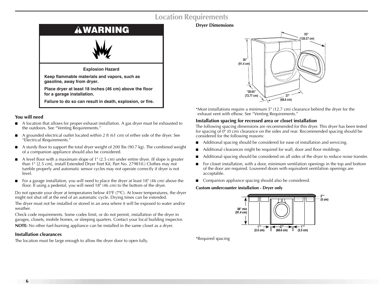 Warning, Location requirements | Maytag Epic z W10112943A User Manual | Page 6 / 84