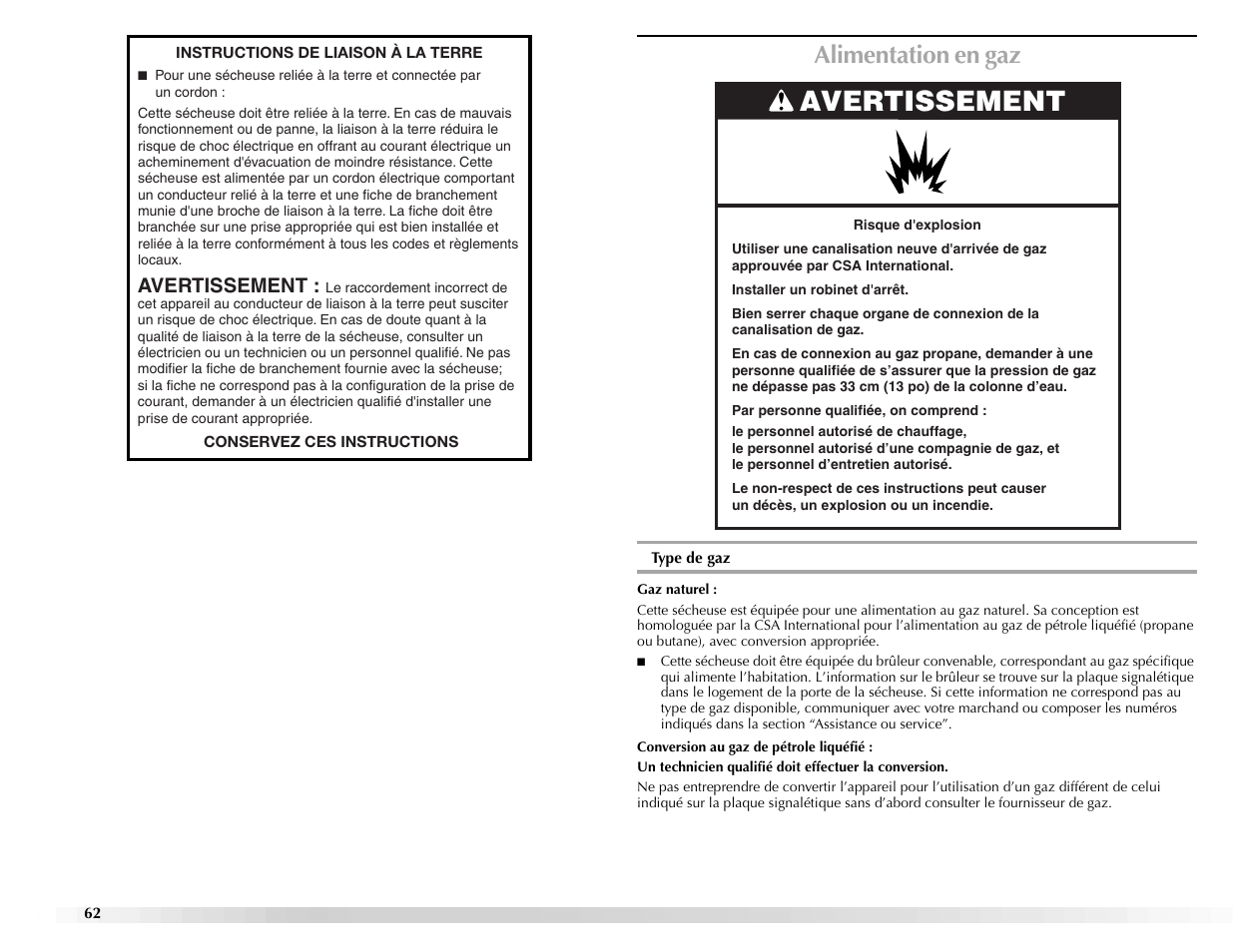 Alimentation en gaz, Avertissement | Maytag Epic z W10112943A User Manual | Page 62 / 84