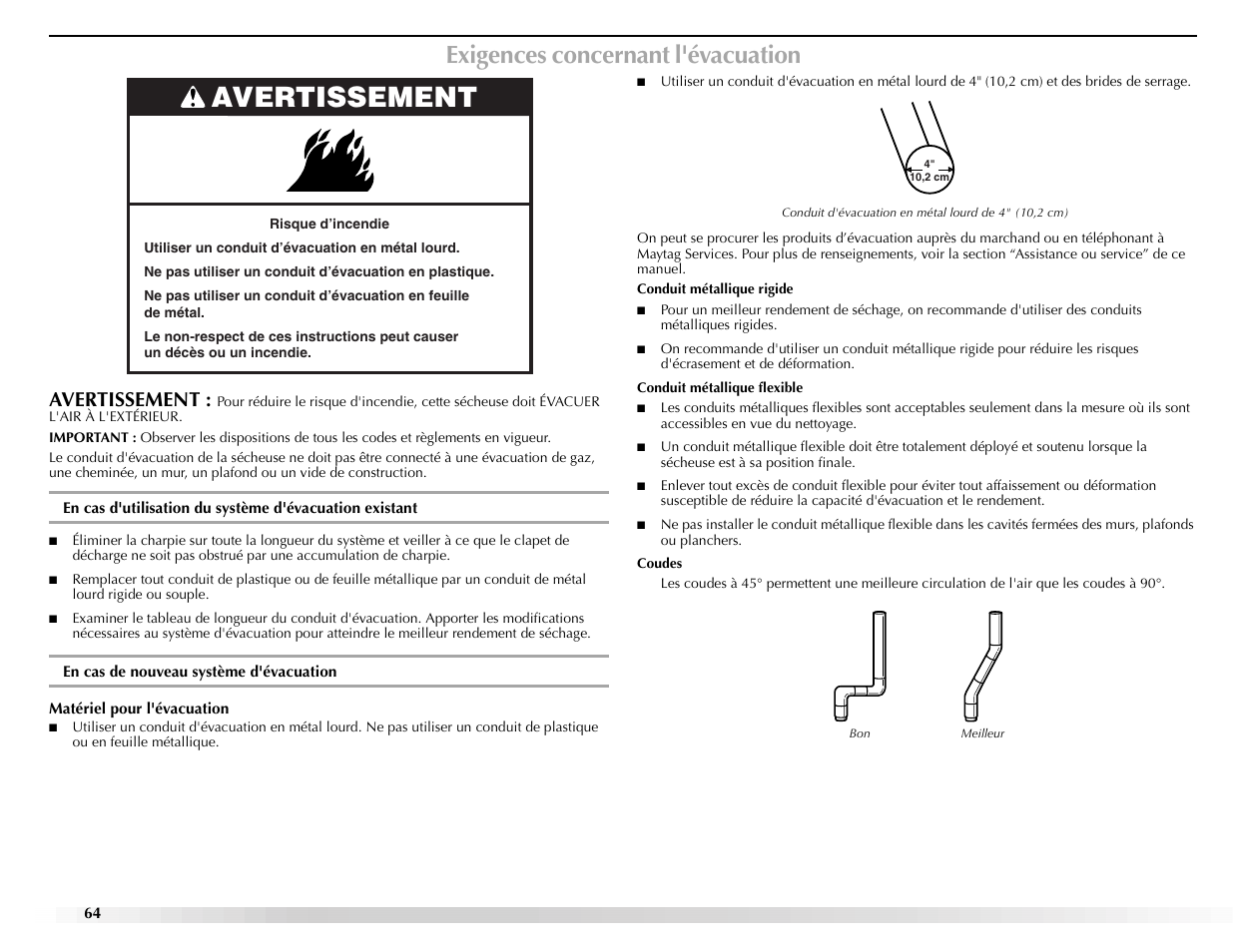 Exigences concernant l'évacuation, Avertissement | Maytag Epic z W10112943A User Manual | Page 64 / 84