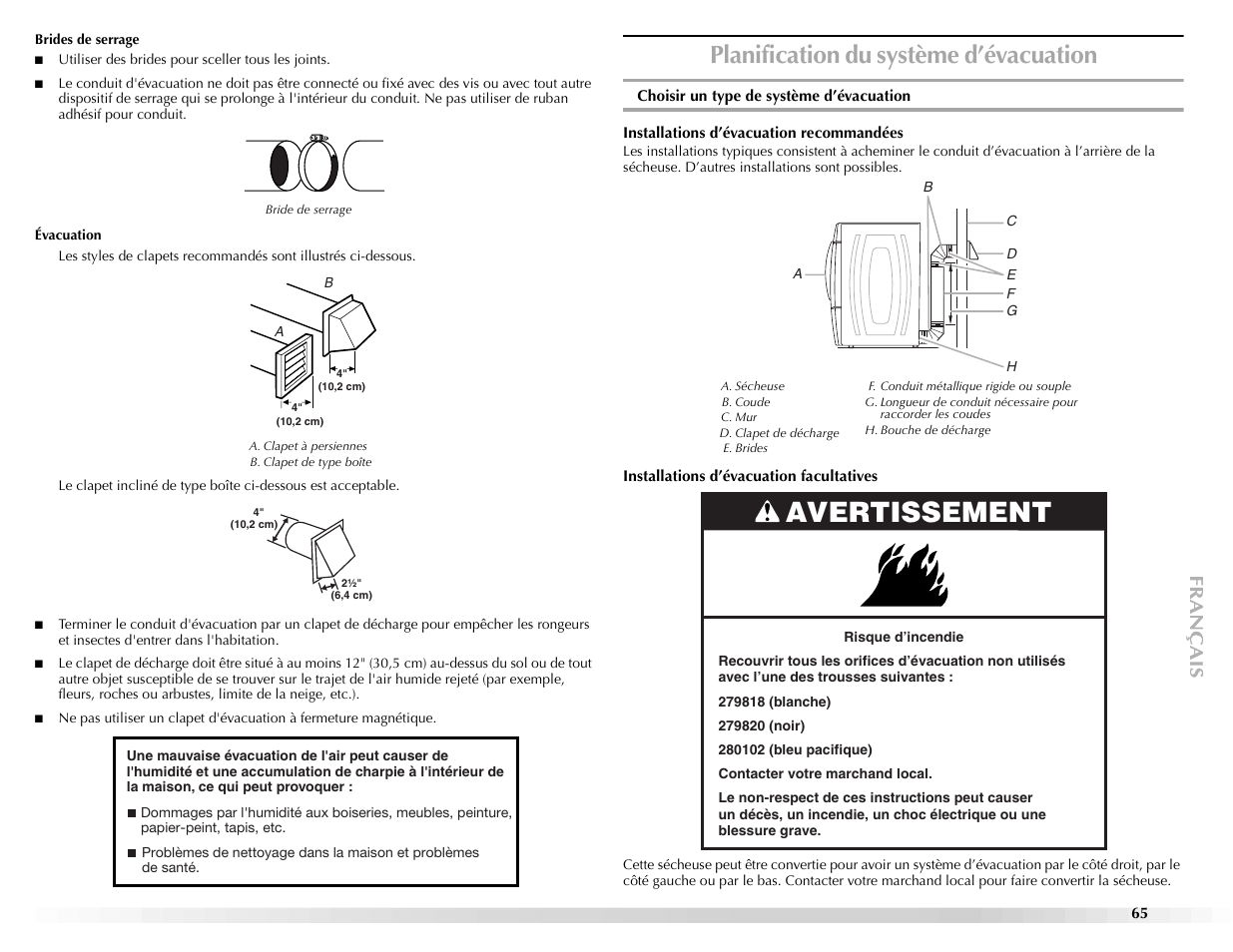 Avertissement, Planification du système d’évacuation | Maytag Epic z W10112943A User Manual | Page 65 / 84