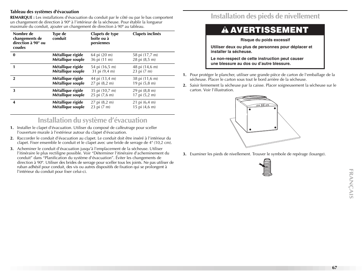 Avertissement, Installation du système d’évacuation, Installation des pieds de nivellement | Maytag Epic z W10112943A User Manual | Page 67 / 84