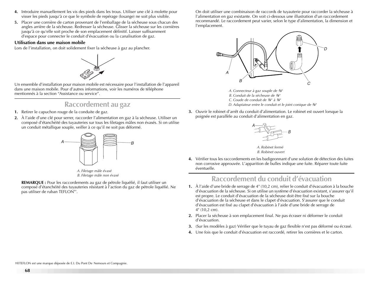 Raccordement au gaz, Raccordement du conduit d’évacuation | Maytag Epic z W10112943A User Manual | Page 68 / 84