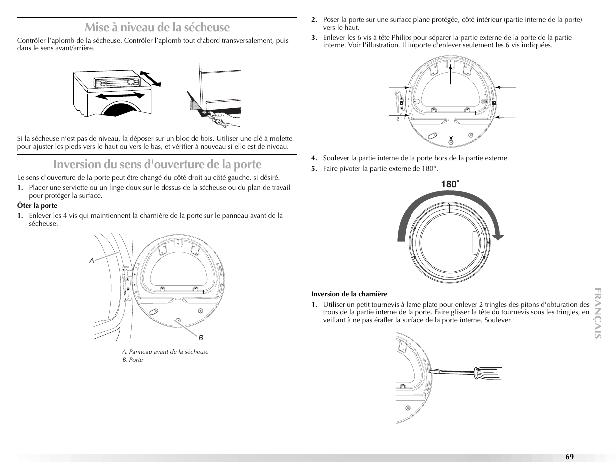 Mise à niveau de la sécheuse, Inversion du sens d'ouverture de la porte | Maytag Epic z W10112943A User Manual | Page 69 / 84