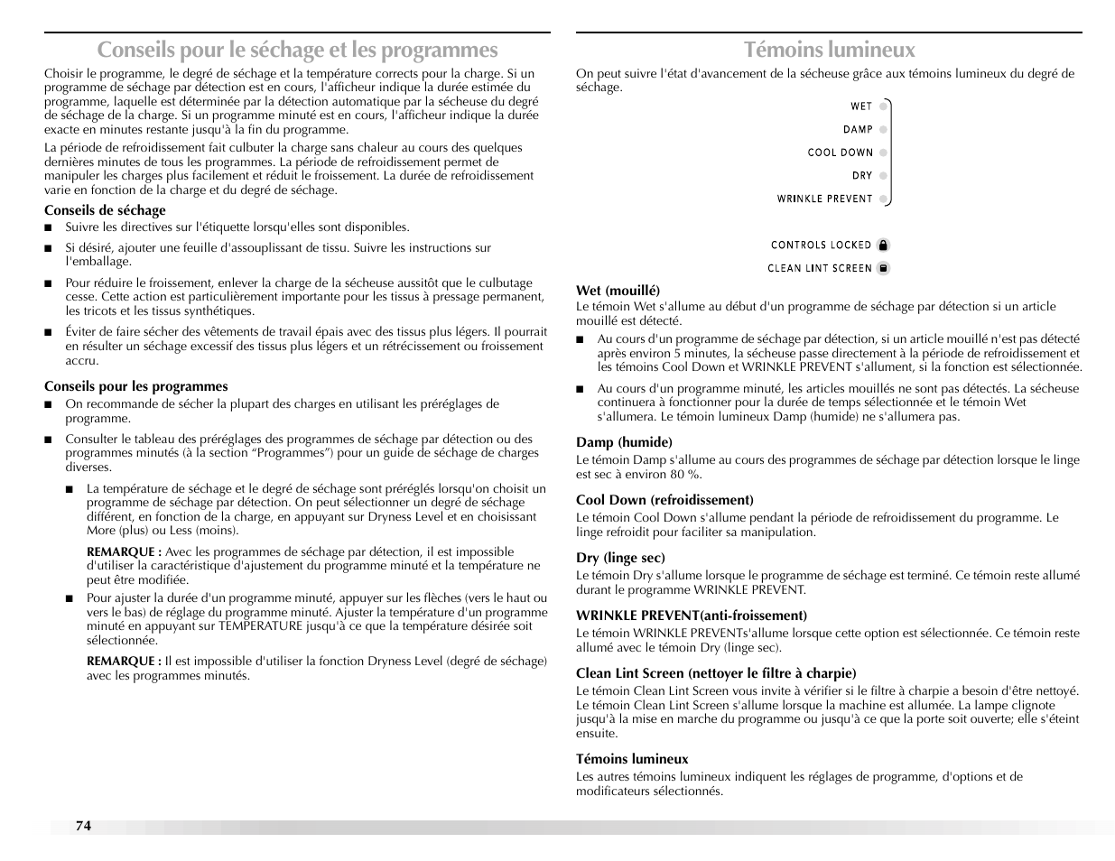 Conseils pour le séchage et les programmes, Témoins lumineux | Maytag Epic z W10112943A User Manual | Page 74 / 84