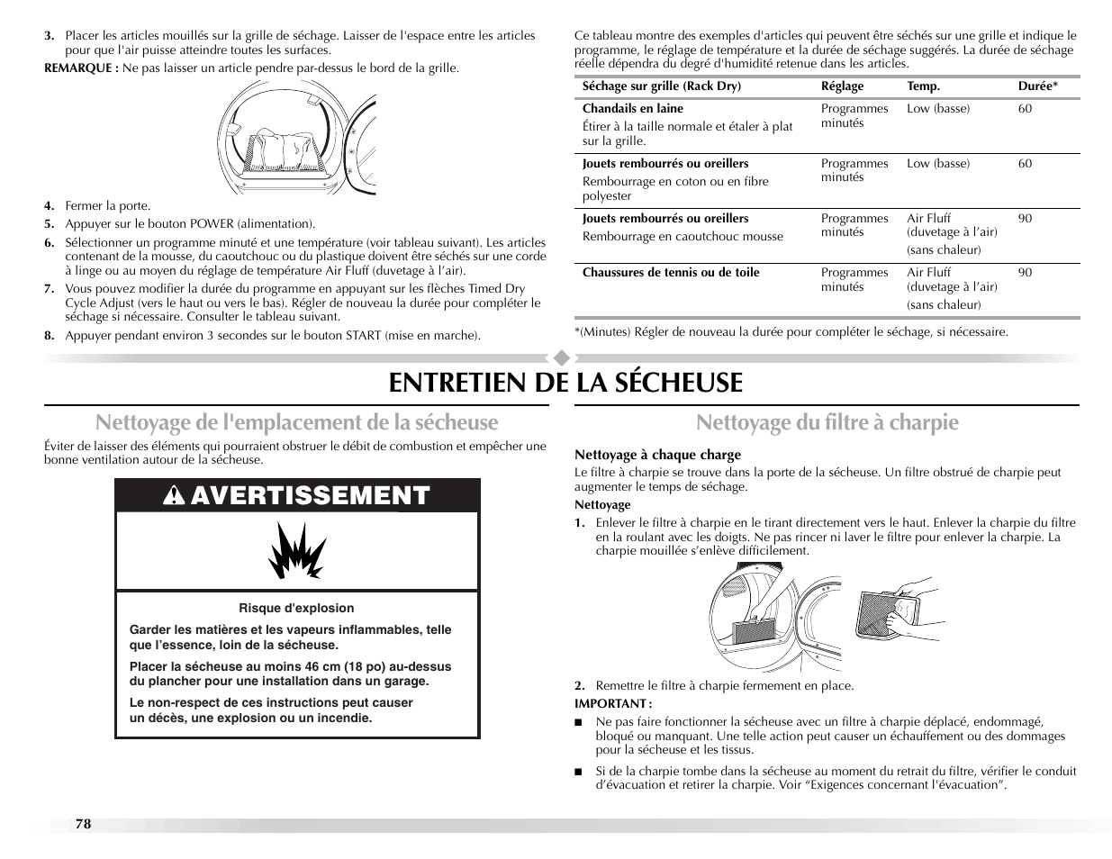 Entretien de la sécheuse, Avertissement, Nettoyage de l'emplacement de la sécheuse | Nettoyage du filtre à charpie | Maytag Epic z W10112943A User Manual | Page 78 / 84