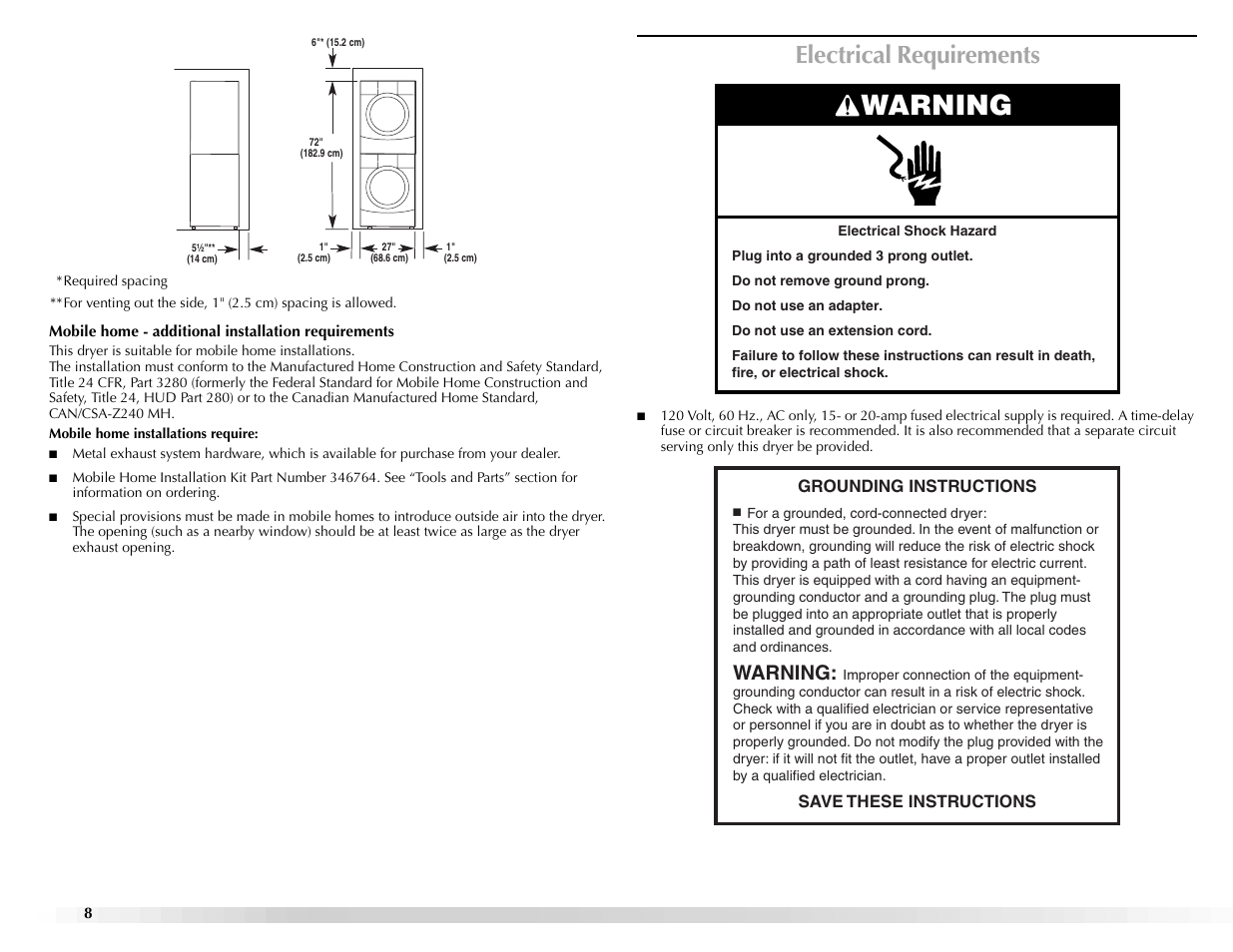 Warning, Electrical requirements | Maytag Epic z W10112943A User Manual | Page 8 / 84