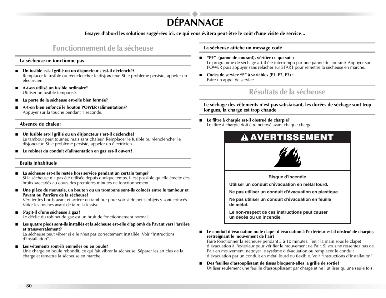 Dépannage, Avertissement, Fonctionnement de la sécheuse | Résultats de la sécheuse | Maytag Epic z W10112943A User Manual | Page 80 / 84