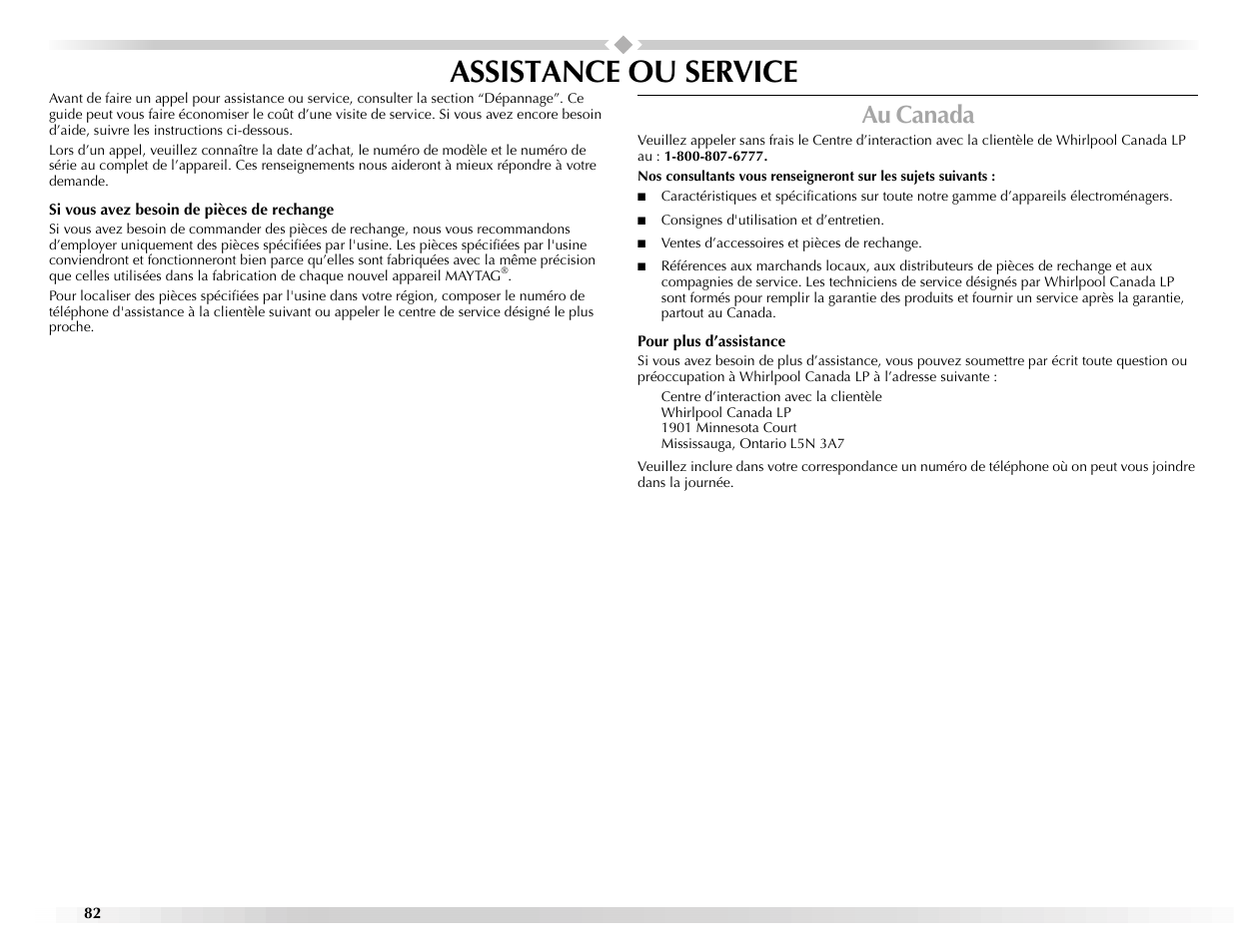 Assistance ou service, Au canada | Maytag Epic z W10112943A User Manual | Page 82 / 84