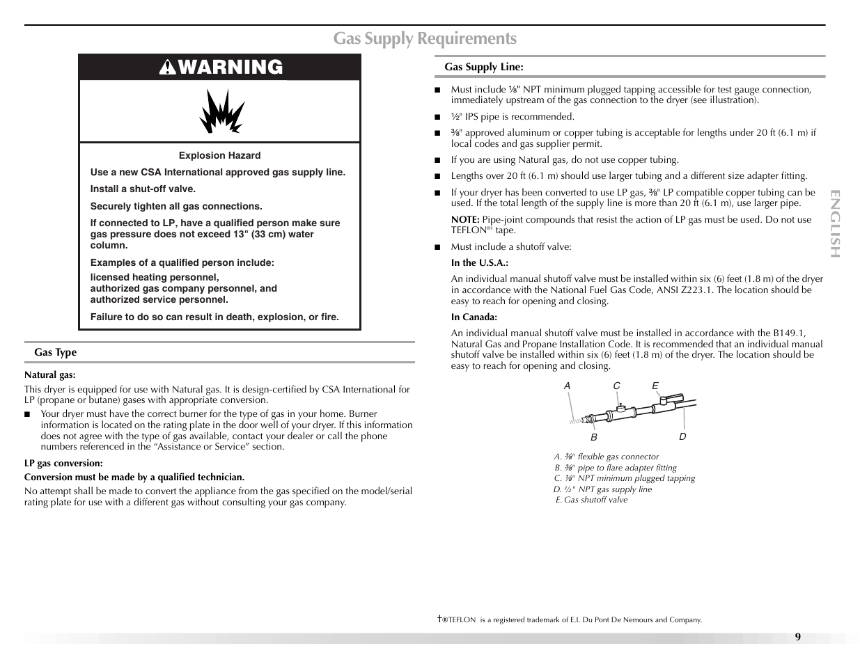 Warning, Gas supply requirements | Maytag Epic z W10112943A User Manual | Page 9 / 84