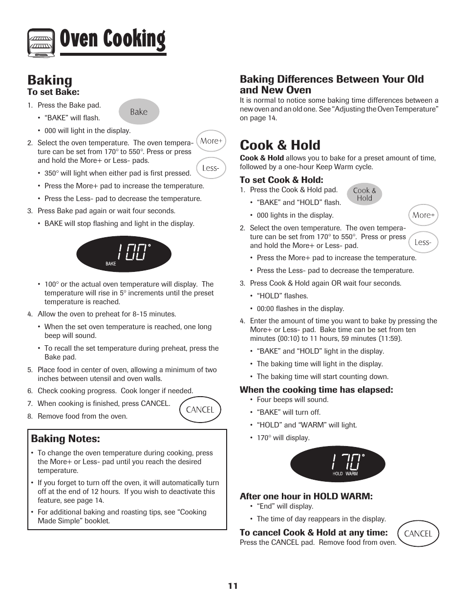 Oven cooking, Baking, Cook & hold | Baking differences between your old and new oven | Maytag Performa 8113P424-60 User Manual | Page 12 / 84