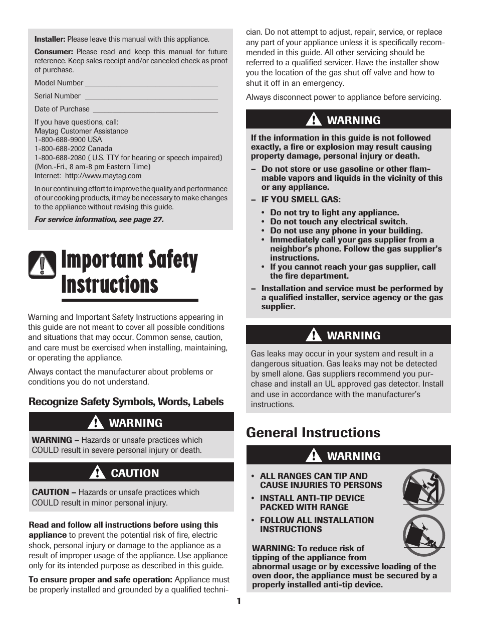 Important safety instructions, General instructions | Maytag Performa 8113P424-60 User Manual | Page 2 / 84