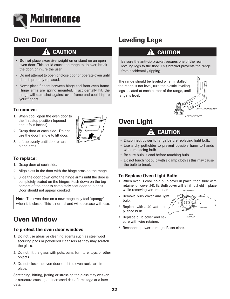 Maintenance, Oven window, Leveling legs | Oven door, Oven light, Caution | Maytag Performa 8113P424-60 User Manual | Page 23 / 84