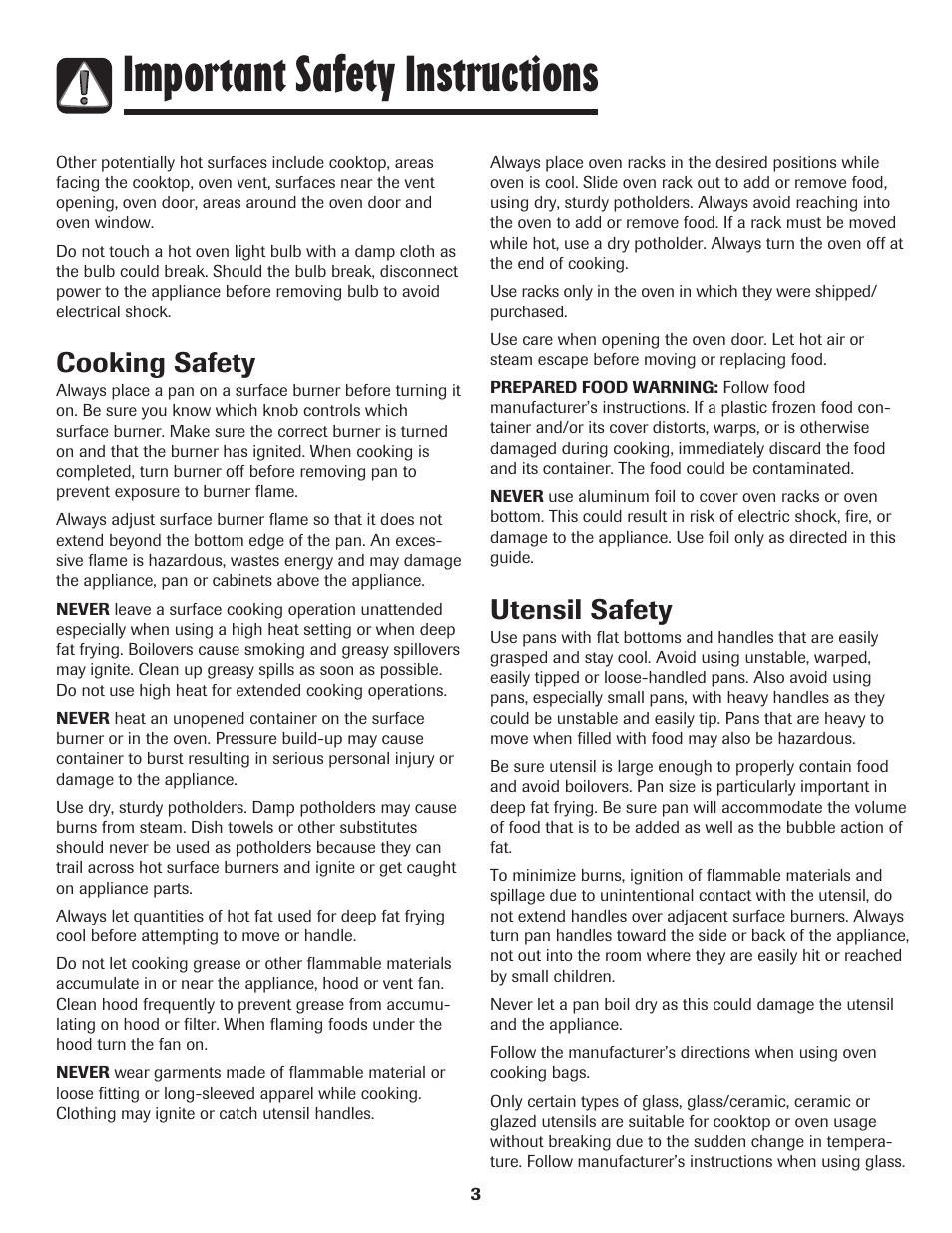 Important safety instructions, Cooking safety, Utensil safety | Maytag Performa 8113P424-60 User Manual | Page 4 / 84