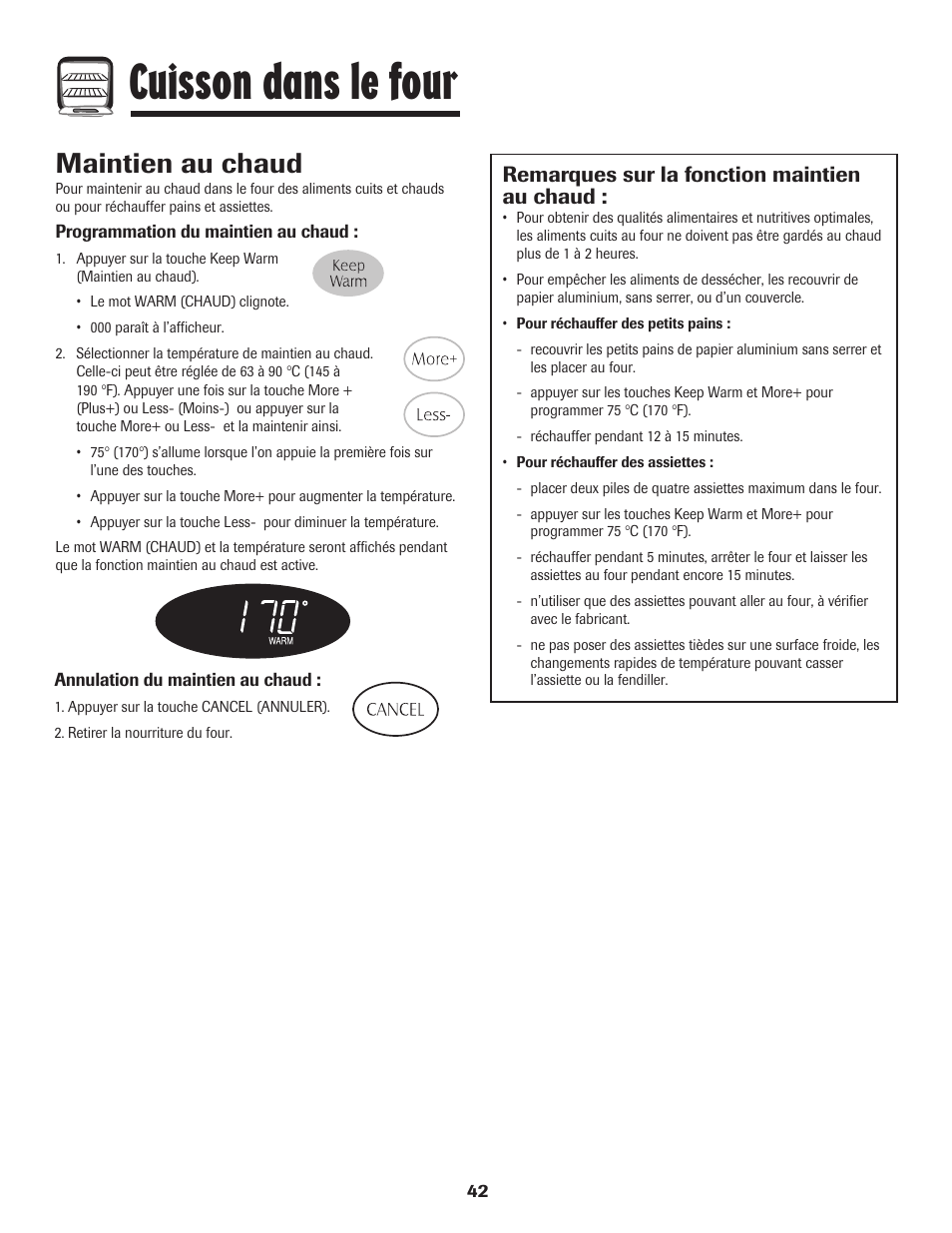 Cuisson dans le four, Maintien au chaud, Remarques sur la fonction maintien au chaud | Maytag Performa 8113P424-60 User Manual | Page 43 / 84