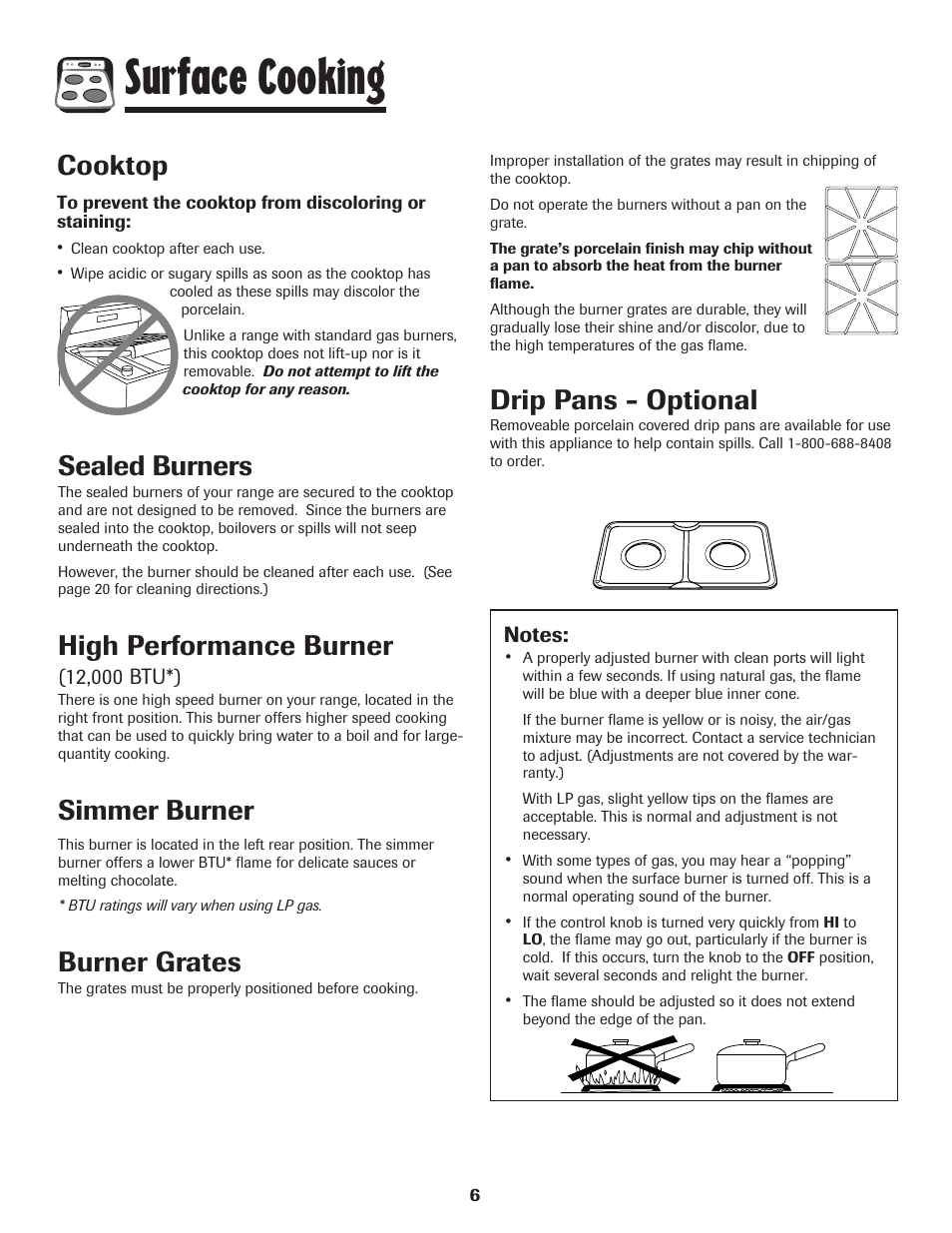 Surface cooking, Cooktop, Sealed burners | High performance burner, Simmer burner, Burner grates, Drip pans - optional | Maytag Performa 8113P424-60 User Manual | Page 7 / 84