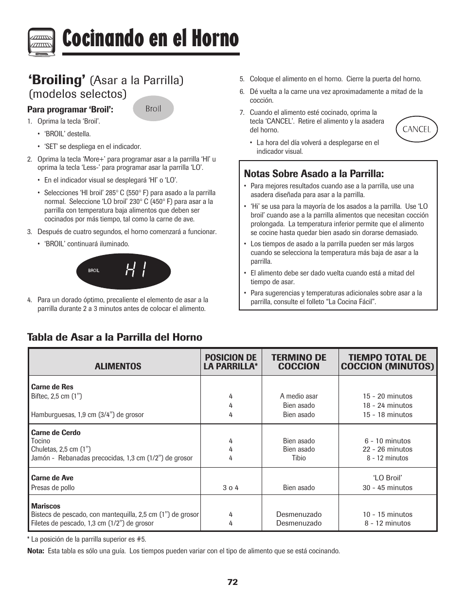 Cocinando en el horno, Broiling, Asar a la parrilla) (modelos selectos) | Notas sobre asado a la parrilla, Tabla de asar a la parrilla del horno | Maytag Performa 8113P424-60 User Manual | Page 73 / 84