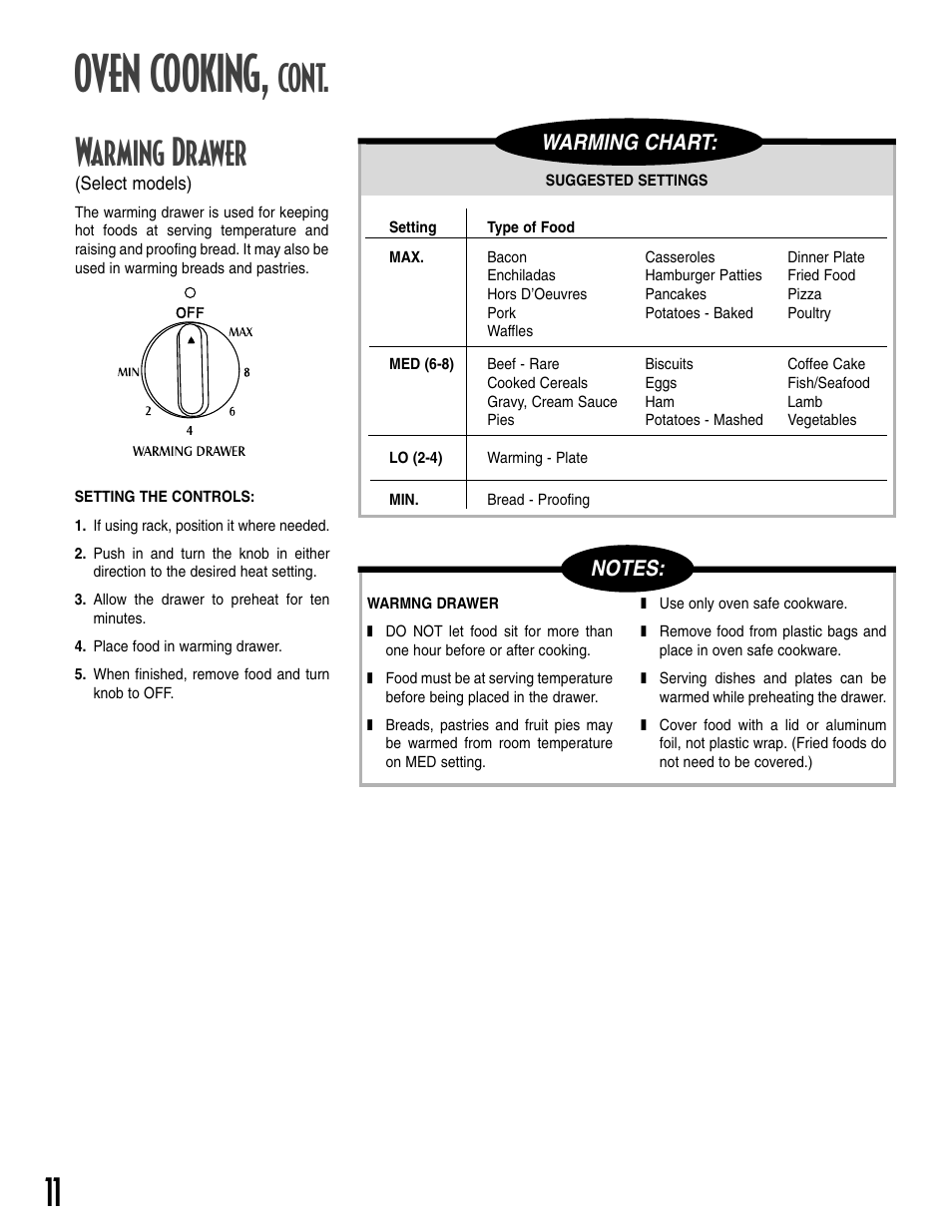 Oven cooking, Cont. warming drawer, Warming chart | Maytag T2 User Manual | Page 12 / 64