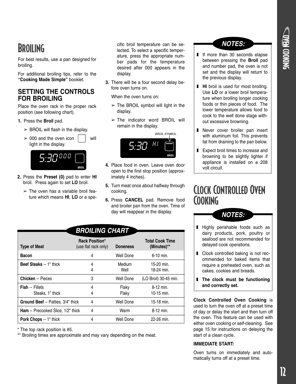 Broiling, Clock controlled oven cooking, Setting the controls for broiling | Broiling chart | Maytag T2 User Manual | Page 13 / 64