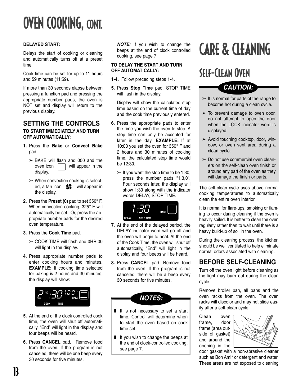 Oven cooking, Care & cleaning, Cont | Self-clean oven, Setting the controls, Before self-cleaning, Caution | Maytag T2 User Manual | Page 14 / 64