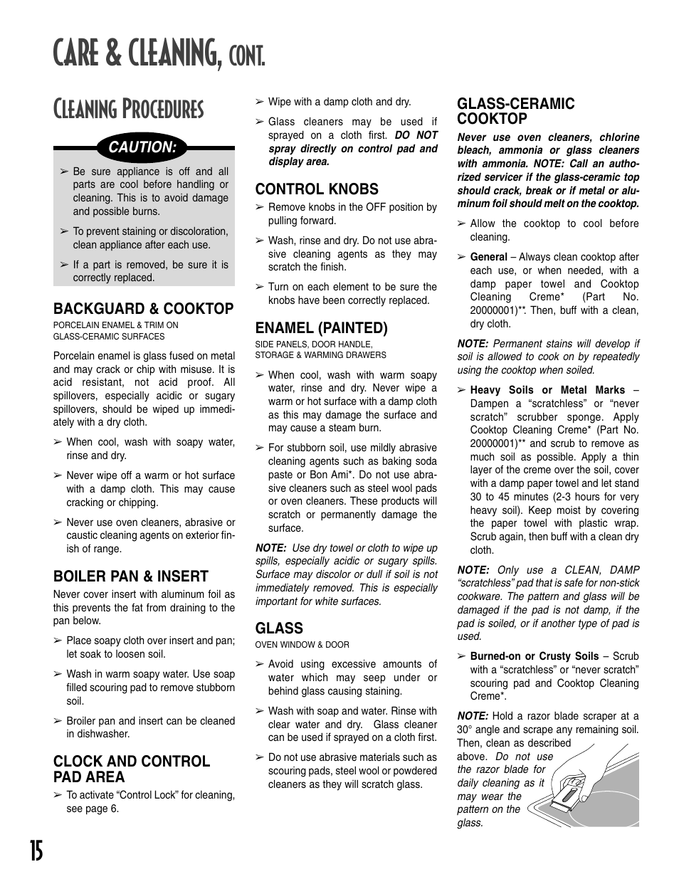 Care & cleaning, Cont, Cleaning procedures | Caution, Backguard & cooktop, Boiler pan & insert, Clock and control pad area, Control knobs, Enamel (painted), Glass | Maytag T2 User Manual | Page 16 / 64